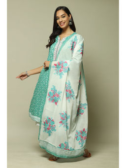 Biba - Womens Turquoise Printed Voile Anarkali Suit (Set of 4)