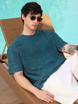 The Souled Store - Men Blue Pure Cotton Oversized Fit T-Shirt