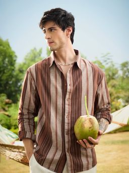 The Souled Store - Cotton Linen Stripes: Latte Mens Cotton Linen Shirt
