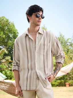 The Souled Store - Cream Stripes Collar Neck Shirt