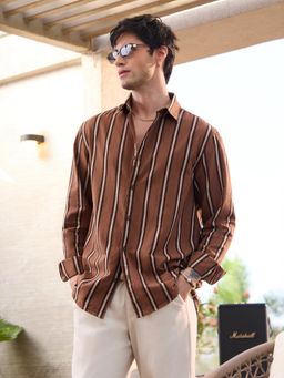 The Souled Store - Cotton Linen Stripes: Chestnut Men Cotton Linen Shirts