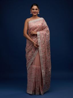Koskii - Peach Sequin Work Net Designer Saree With Unstitched Blouse