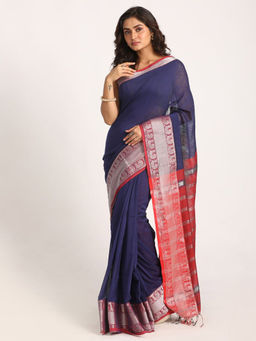 Angoshobha - Navy Blue Handloom Cotton Tangail Saree with Unstitched Blouse