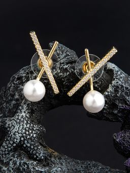 E2O - Quirky Design White Stone Gold Platted Embellished In Cross Shaped Stud Earring