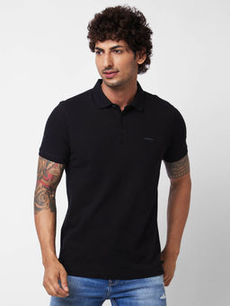 Spykar - Slim Fit Black Polo T-Shirt for Men