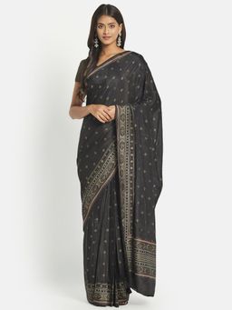Fabindia - Black Modal Butta Hand Block Printed Stitched Saree without Blouse
