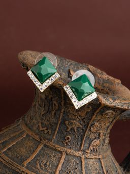 E2O - Self Design Gold Plated With Emerald Stone Square Shaped Stud Earring