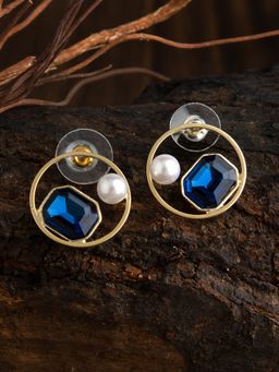 E2O - Self Design Gold Plated With Blue Stone Round Shaped Stud Earring