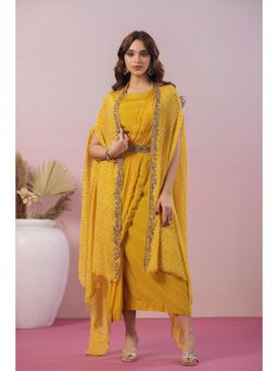 Scakhi - Mustard Silk Ready to Wear Saree Dress with Leheriya Print Cape and Embroidered Belt