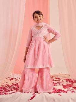 PSPeaches - Girls Floral Regular Thread Work Kurta with Sharara & Dupatta (Set of 3)