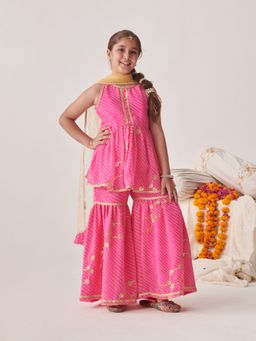 PSPeaches - Girls Leheriya Empire Sequinned Kurta with Sharara & Dupatta (Set of 3)