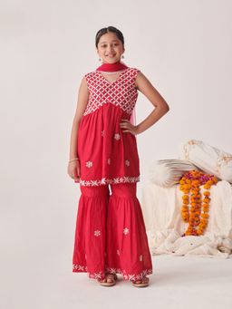 PSPeaches - Girls Floral Tiered Thread Work Kurta with Sharara & Dupatta (Set of 3)