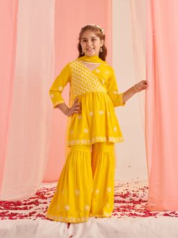 PSPeaches - Girls Floral Empire Thread Work Kurta with Sharara & Dupatta (Set of 3)