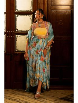 AFFROZ - Tropical Blue Draped Skirt And Jacket Set