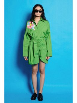 CINCIN Fashion - Poplin Ruched Asymmetric Green Hem Mini Dress