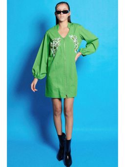 CINCIN Fashion - Poplin Front Zip Embroidered Shirt Mini Dress