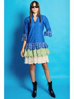 CINCIN Fashion - Tricolour Embroidered Bell Sleeves Knee Length Dress