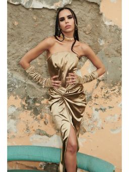 CINCIN Fashion - Golden Corsetry Drape Midi Dress With Pair Of Gloves