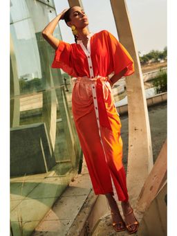 CINCIN Fashion - Orange Pleated Embroidered Belt Midi Dress