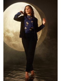 DOHR INDIA - Diana Blue Velvet Jacket Coord Set with Foil Printed Organza Shirt