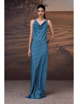 Genes Lecoanet Hemant - Retro Blue Satin Cowl Neck Dress