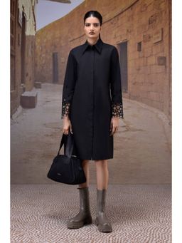Genes Lecoanet Hemant - Black Poplin Shirt Dress With Cutwork Sleeves