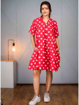PRATHAA - Rohana Dress Red Ikat Aline Dress With Notch Collar