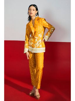 JUHI NANDA - Silk Yellow Notched Lapel Full Sleeves Blazer with Pant and Bustier