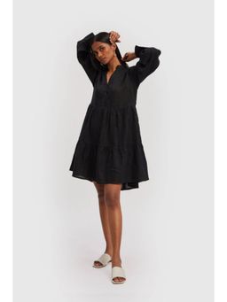 Reistor - Black Hemp Mandarin Neck Full Sleeves Solid/Plain Knee Length Dress