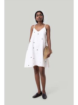 Reistor - White Bemberg V-Neck Sleeveless Polka Dots Knee Length Dress