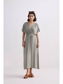Reistor - Olive Modal V-Neck Half Sleeves Solid/Plain Maxi Dress