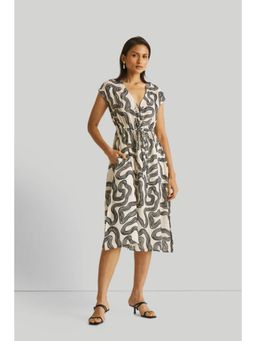 Reistor - Beige Bemberg V-Neck Cap Sleeves Stripes Midi Dress