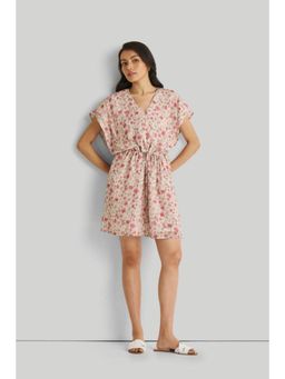 Reistor - Pink Bemberg V-Neck Half Sleeves Floral Mini Dress