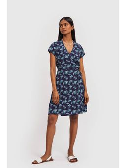 Reistor - Navy Blue Cupro V-Neck Half Sleeves Floral Knee Length Dress