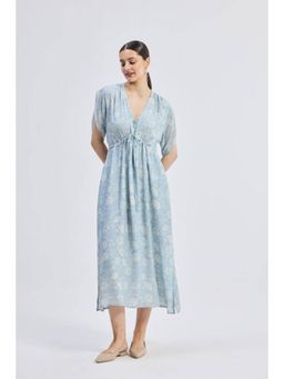 Reistor - Blue Bemberg V-Neck Half Sleeves Floral Midi Dress