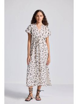 Reistor - White Bemberg V-Neck Half Sleeves Printed Maxi Dress