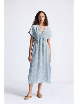 Reistor - Blue Bemberg V-Neck Half Sleeves Floral Midi Dress