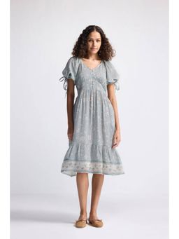 Reistor - Green Bemberg V-Neck Half Sleeves Floral Midi Dress