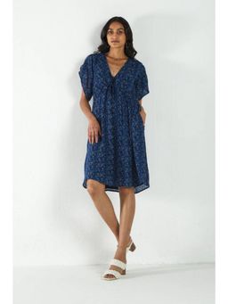 Reistor - Navy Blue Bemberg V-Neck Half Sleeves Floral Knee Length Dress
