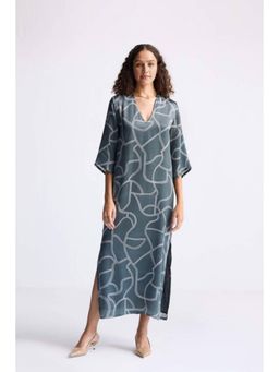 Reistor - Blue Bemberg V-Neck Three Fourth Sleeves Abstract Maxi Dress