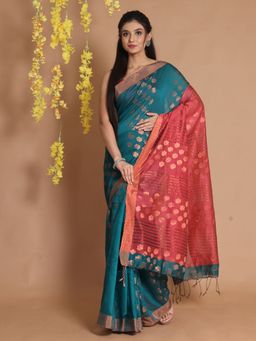 CHARUKRITI - Teal Cotton Zari Motifs & Striped Pallu Handwoven Saree with Unstitched Blouse