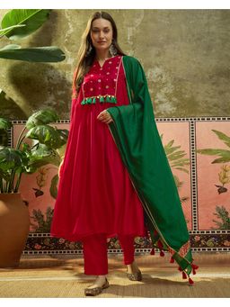 Gahan - Reddish Orange Mal Chanderi Zari Embroidered Anarkali Kurta with Pant and Dupatta