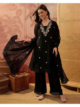 Gahan - Black Georgette Zari Sequence Embroidered Kurta with Pant and Dupatta