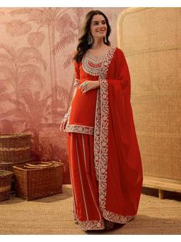 Gahan - Orange Georgette Zari Sequence Embroidered Kurta with Skirt