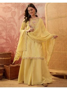 Gahan - Mustard Yellow Silk Blend Zari Embroidered Kurta with Sharara with Dupatta
