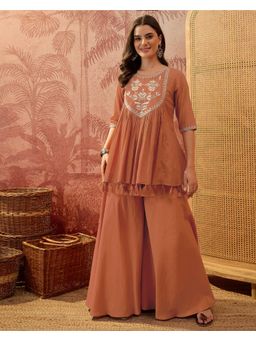 Gahan - Rust Orange Pure Cotton Zari Sequence Embroidered Kurta with Flared Palazzo
