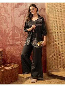 Gahan - Black Silk Blend Embroidered Fusion Crop Top with Palazzo and Jacket