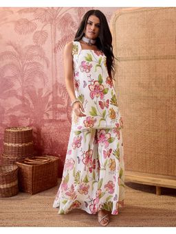 Gahan - Off-White Milky Georgette Zari Gota Lace Kurta with Flared Palazzo