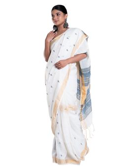 Boveee - Ivory Handloom Linen Saree With Blue Booti And Golden Border with Unstitched Blouse