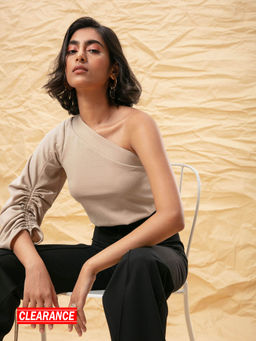 RSVP by Nykaa Fashion - Beige Shimmer One Shoulder Crop Top (Custom)
